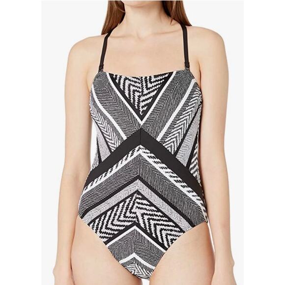 Kenneth Cole Black White Bandeau One Piece Swim Suit S NWOT - Picture 1 of 5